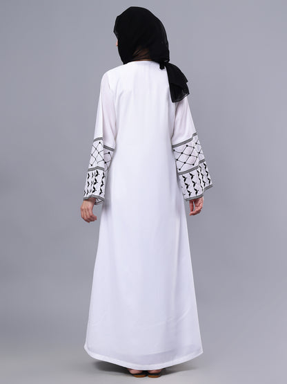 Nabia Front Open Kefiyyeh Embroidery White Abaya with Black Scarf