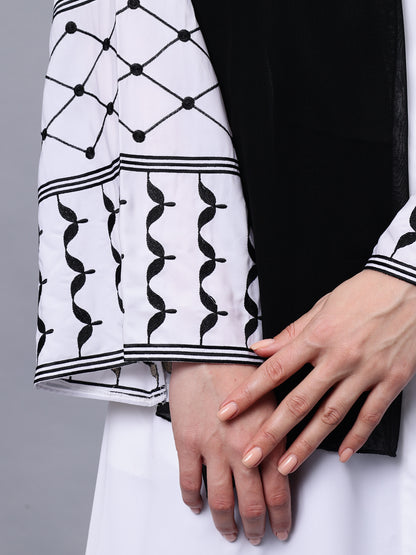 Nabia Front Open Kefiyyeh Embroidery White Abaya with Black Scarf