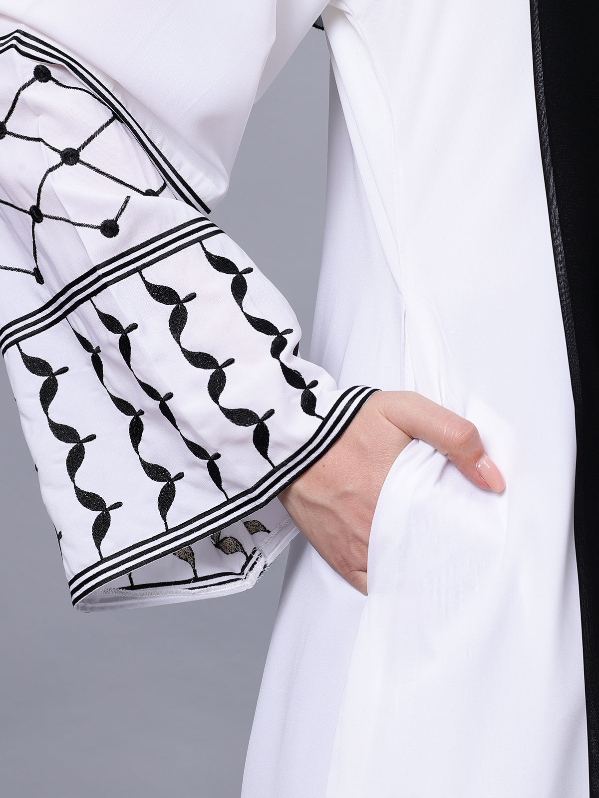 Nabia Front Open Kefiyyeh Embroidery White Abaya with Black Scarf
