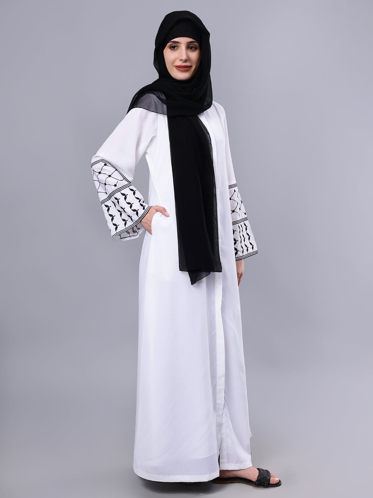 Nabia Front Open Kefiyyeh Embroidery White Abaya with Black Scarf