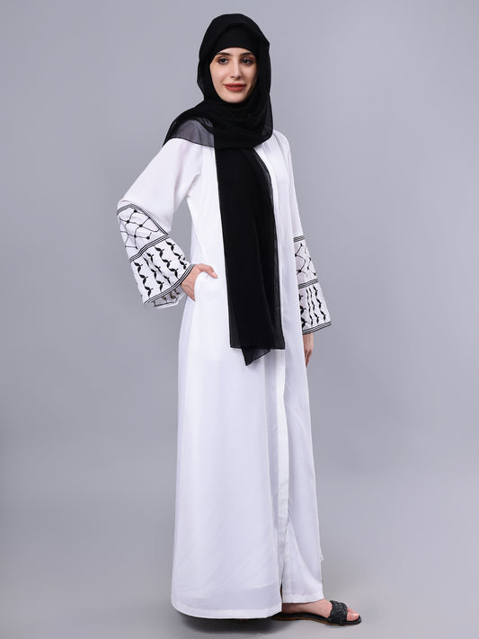 Nabia Front Open Kefiyyeh Embroidery White Abaya Burqa With Black Scarf