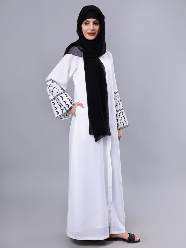 Nabia Front Open Kefiyyeh Embroidery White Abaya Burqa With Black Scarf