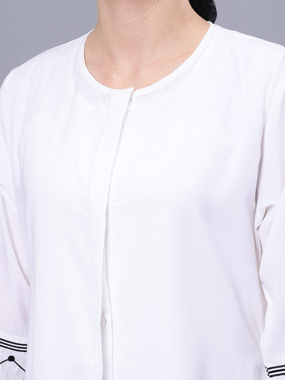 Nabia Front Open Kefiyyeh Embroidery White Abaya with Black Scarf