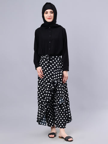 Nabia Black Polka Printed Ruffled Flared Maxi Skirt With Attached Trousers