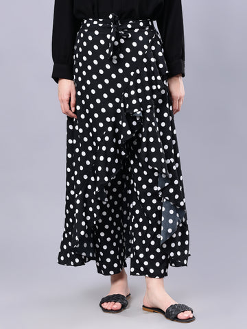 Nabia Black Polka Printed Ruffled Flared Maxi Skirt With Attached Trousers