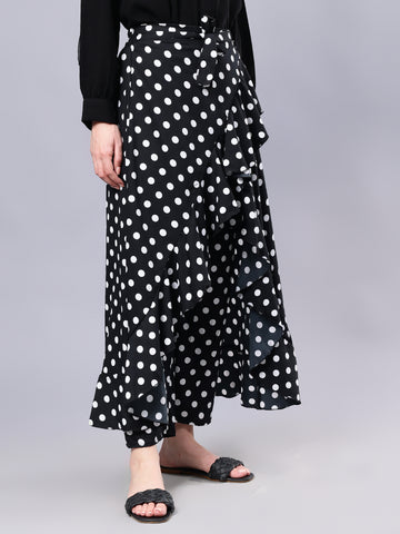 Nabia Black Polka Printed Ruffled Flared Maxi Skirt With Attached Trousers