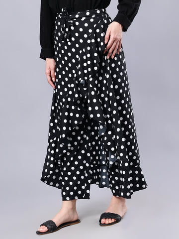 Nabia Black Polka Printed Ruffled Flared Maxi Skirt With Attached Trousers