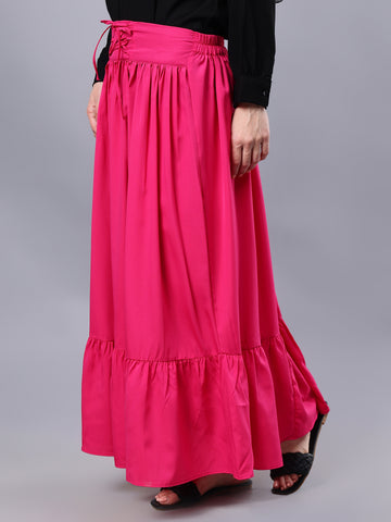 Nabia Women Solid Pink A-Line Flared Maxi Skirt