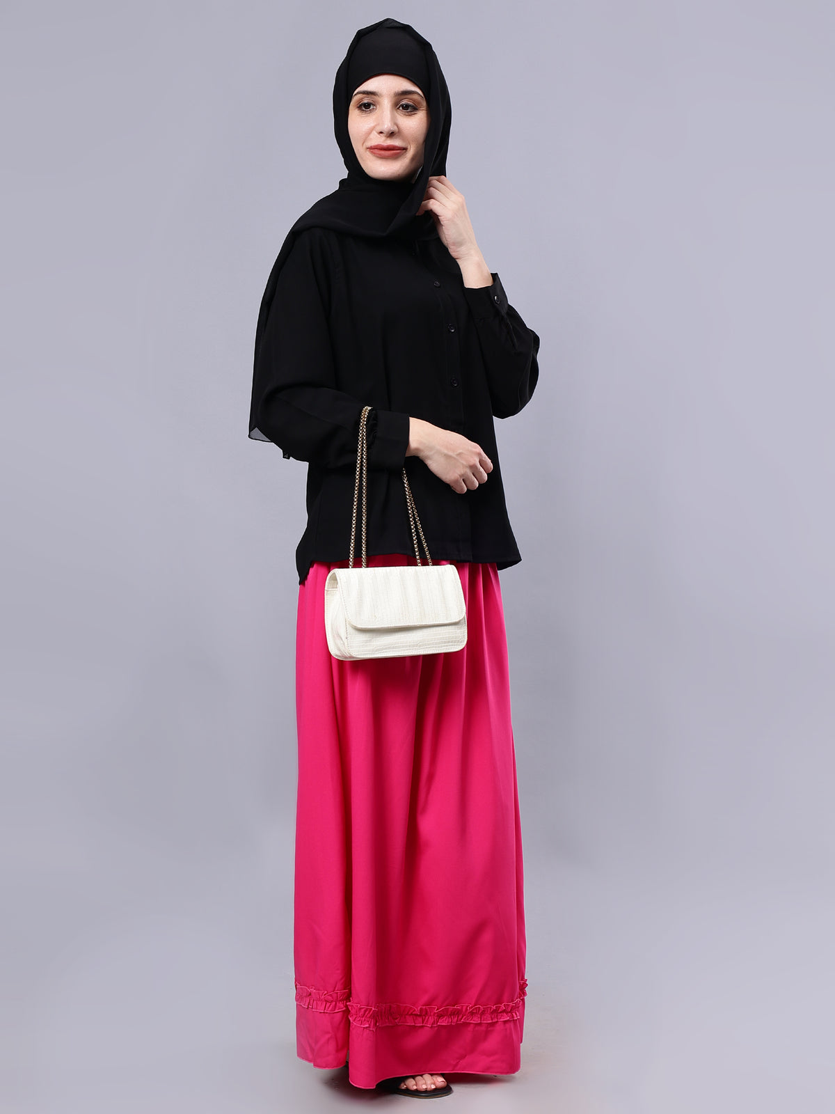 Nabia Pink Solid Flared Maxi Skirt For Women