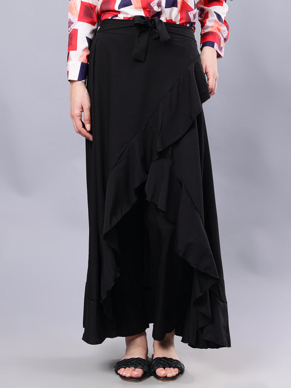 Nabia Black Solid Ruffled Flared Maxi Skirt With Attached Trousers