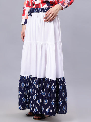 Nabia Women White & Blue Solid Flared Maxi Skirt