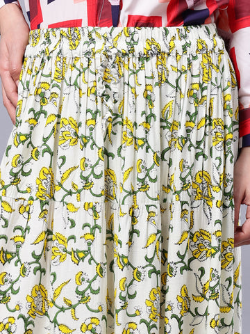 Nabia Women White & Yellow Floral Print Flared Maxi Skirt