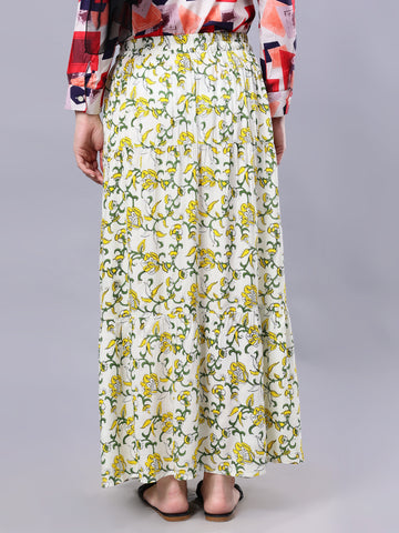 Nabia Women White & Yellow Floral Print Flared Maxi Skirt
