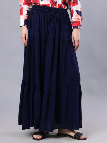 Nabia Women Blue Solid Flared Maxi Skirt