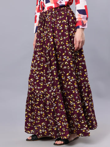 Nabia Women Purple & Yellow Floral Print Flared Maxi Skirt