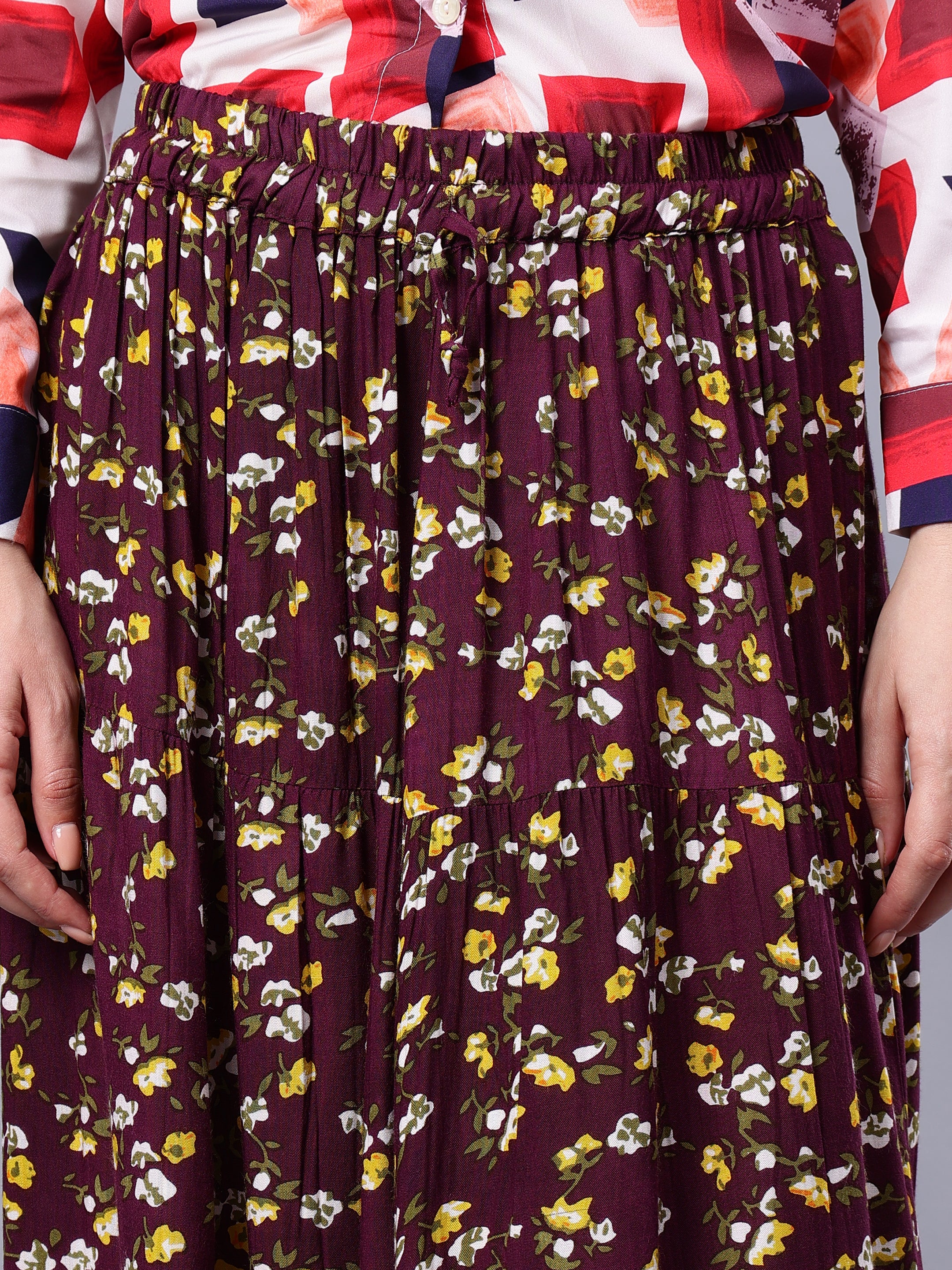 Nabia Women Purple & Yellow Floral Print Flared Maxi Skirt