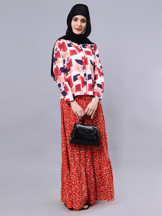 Nabia Women Red & White Floral Print Flared Maxi Skirt