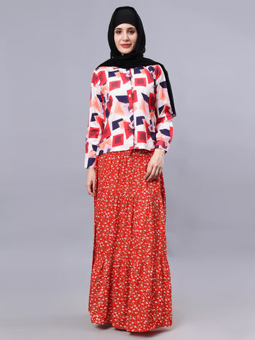 Nabia Women Red & White Floral Print Flared Maxi Skirt