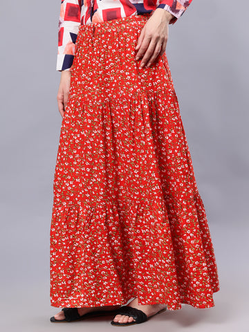 Nabia Women Red & White Floral Print Flared Maxi Skirt