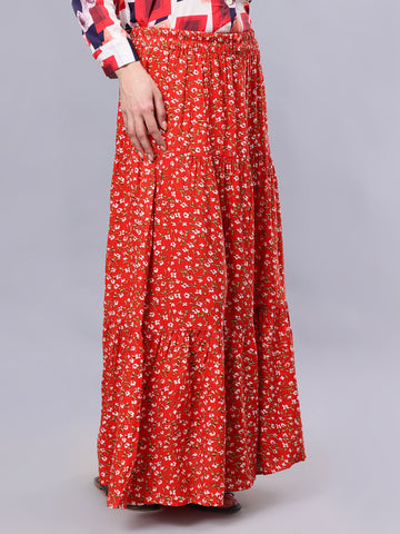 Nabia Women Red & White Floral Print Flared Maxi Skirt