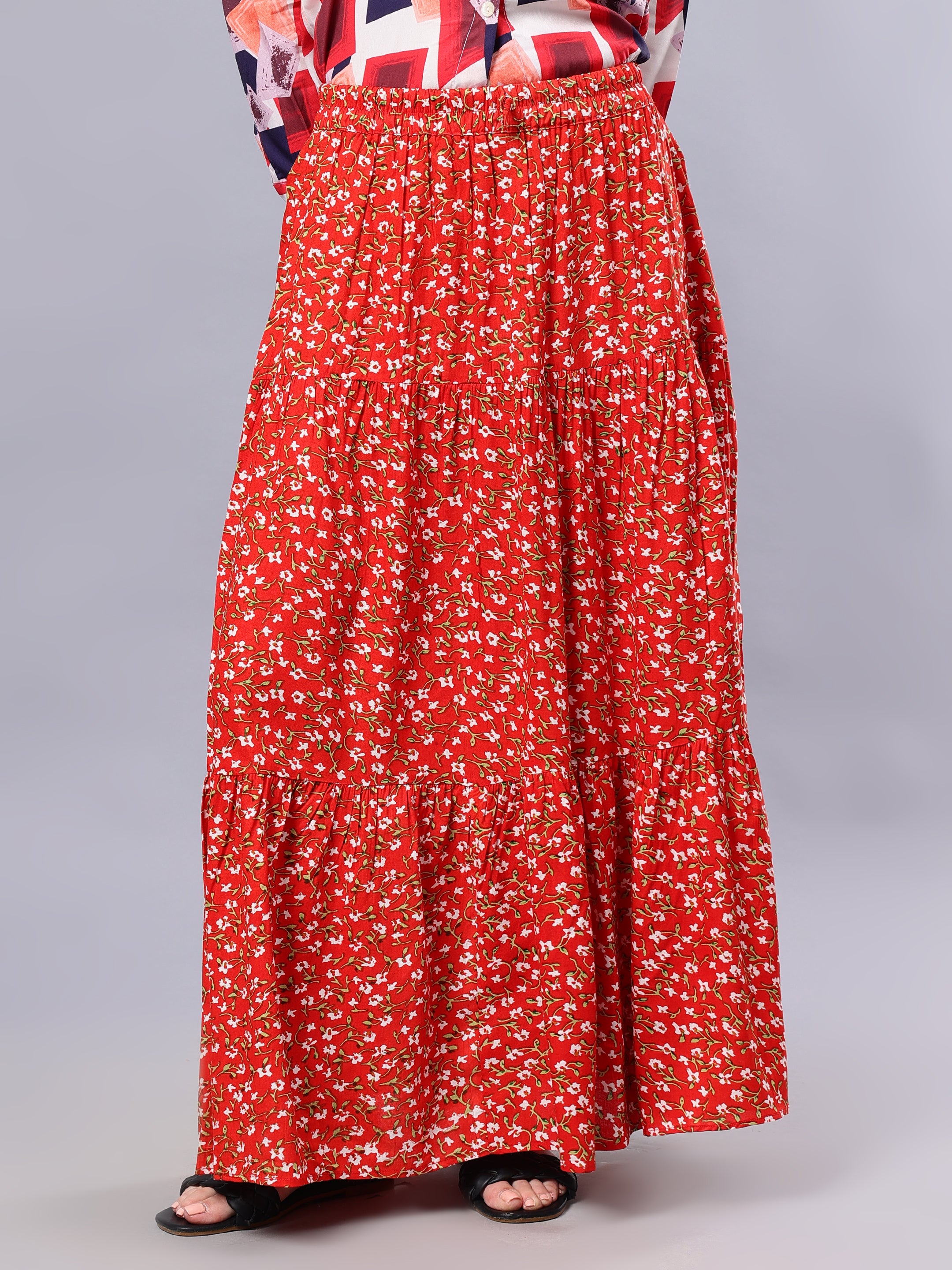 Nabia Women Red & White Floral Print Flared Maxi Skirt