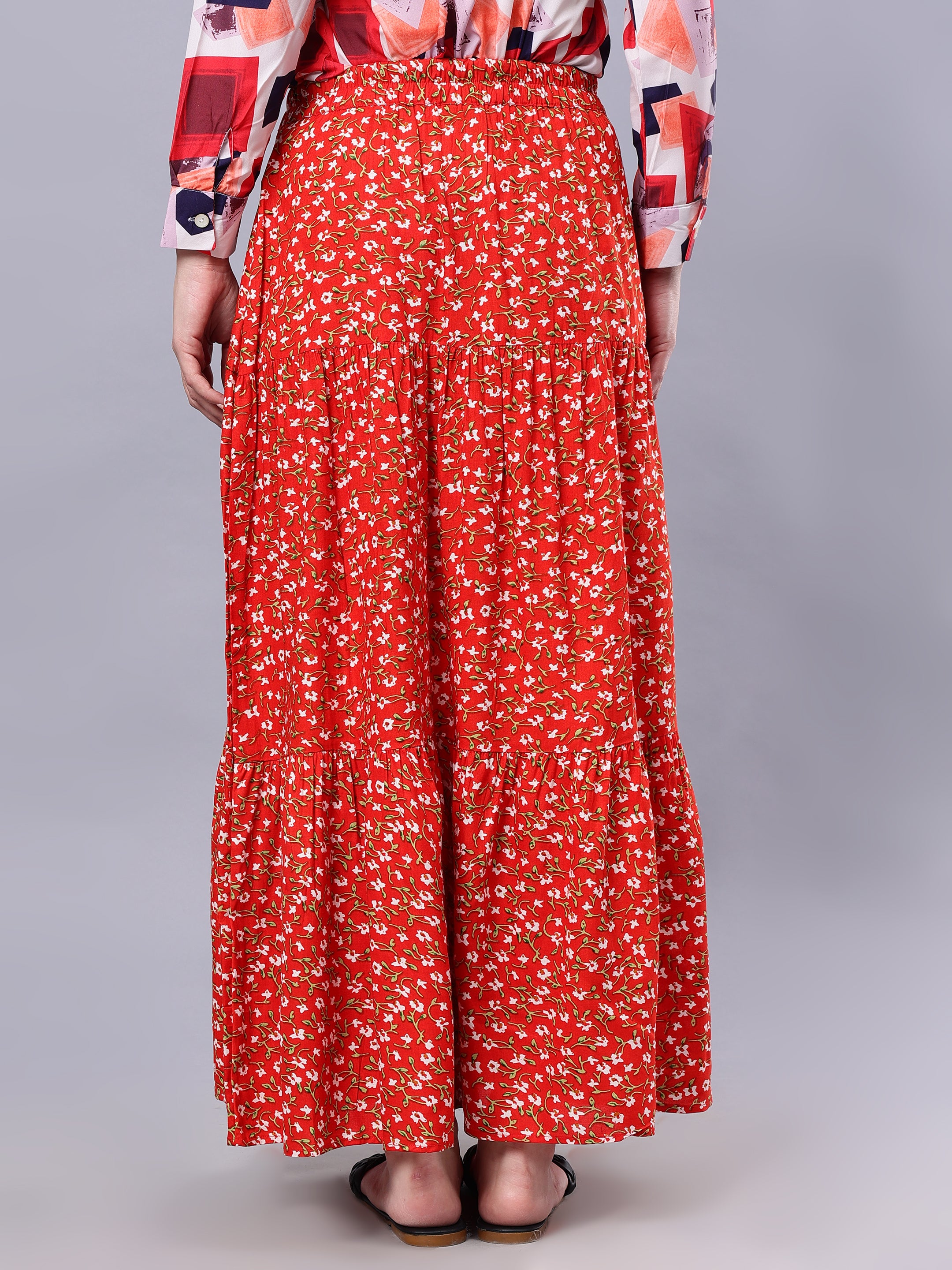 Nabia Women Red & White Floral Print Flared Maxi Skirt