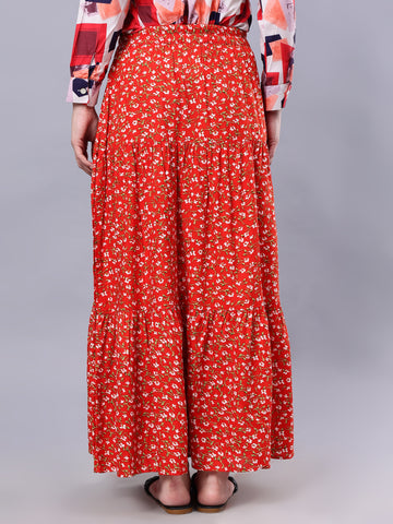 Nabia Women Red & White Floral Print Flared Maxi Skirt