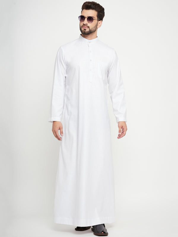 Nabia White Solid Mandarin Collar Thobe / Jubba  With Plain Design For Men.