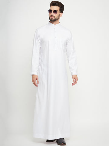 Nabia White Solid Mandarin Collar Thobe / Jubba  With Plain Design For Men.