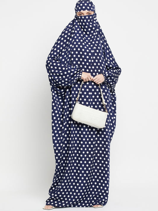 Blue and White Polka Dot Free Size Jilbab Abaya for Girls and Women