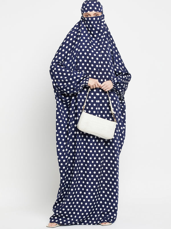 Nabia Blue and White Polka Dot Printed Free Size Jilbab Abaya for Girls and Women