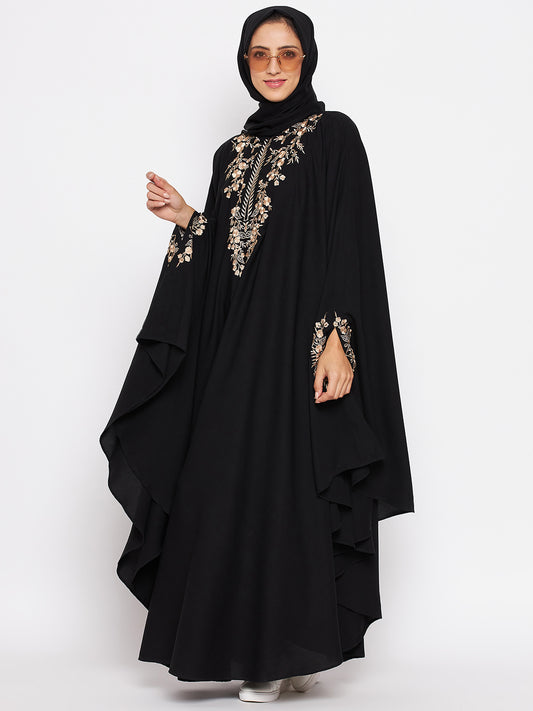 Nabia Women Black Irani Kaftan Abaya Enhanced With Chikan Hand Embroidered with Georgette Scarf