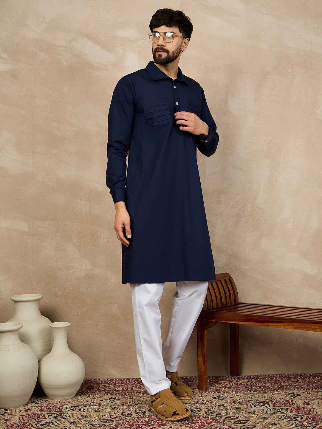 Nabia Blue Cotton Kurta and White Pajama Set for Men