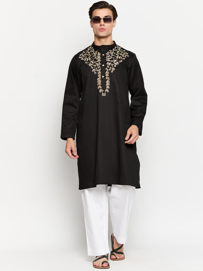 Black Men's Kurta Pajama Set with Embroidery Details