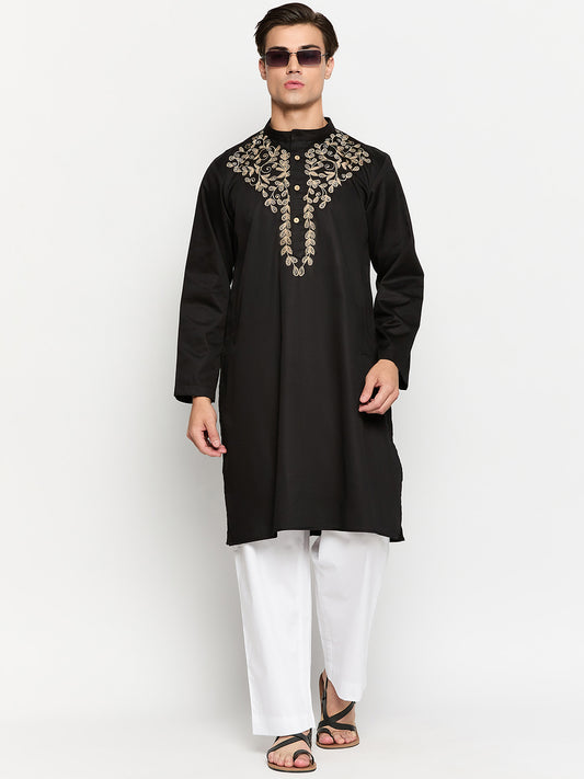 Black Men's Kurta Pajama Set with Embroidery Details