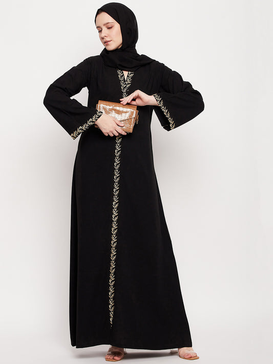 Nabia Women Black Abaya Burqa With Black Georgette Scarf