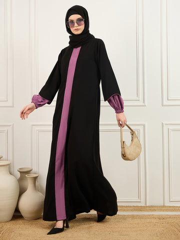 Nabia's two-colored black and pink abaya burqa with Black Georgette Hijab