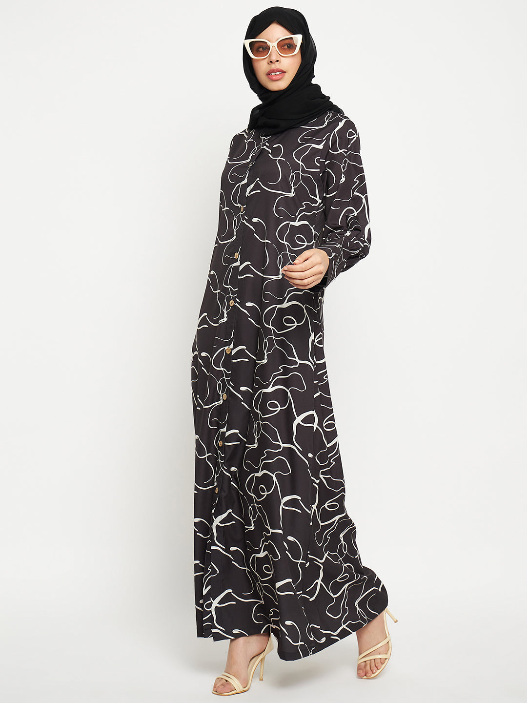 Black Front Open printed Abaya with Georgette Scarf