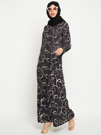 Black Front Open printed Abaya with Georgette Scarf