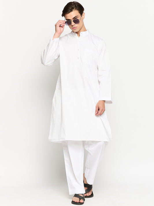 White Solid Men's Kurta with Mandarin Collar