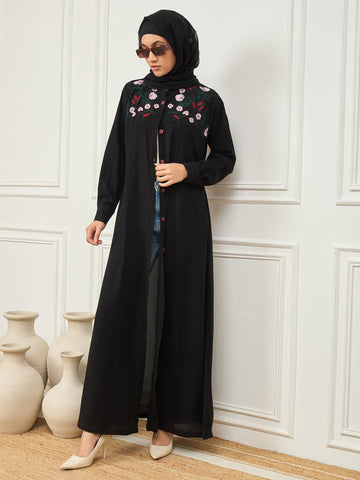 Nabia Front Open Embroidery Abaya with Matching Georgette Hijab