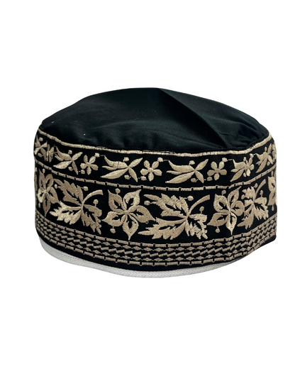 Men's Black Cotton Embroidered Kufi Cap
