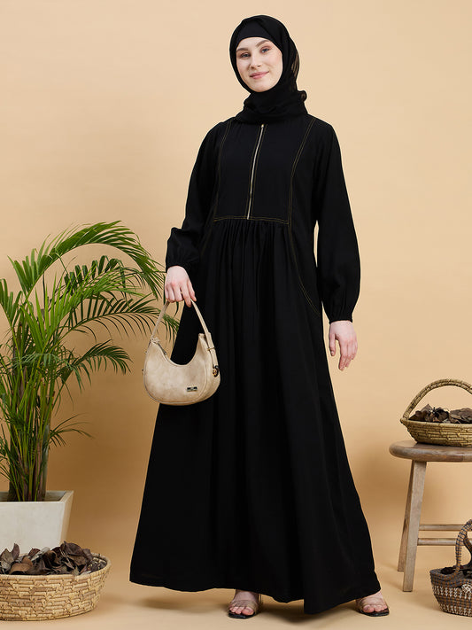Black Solid Zip Abaya Burqa with Black Georgette Hijab