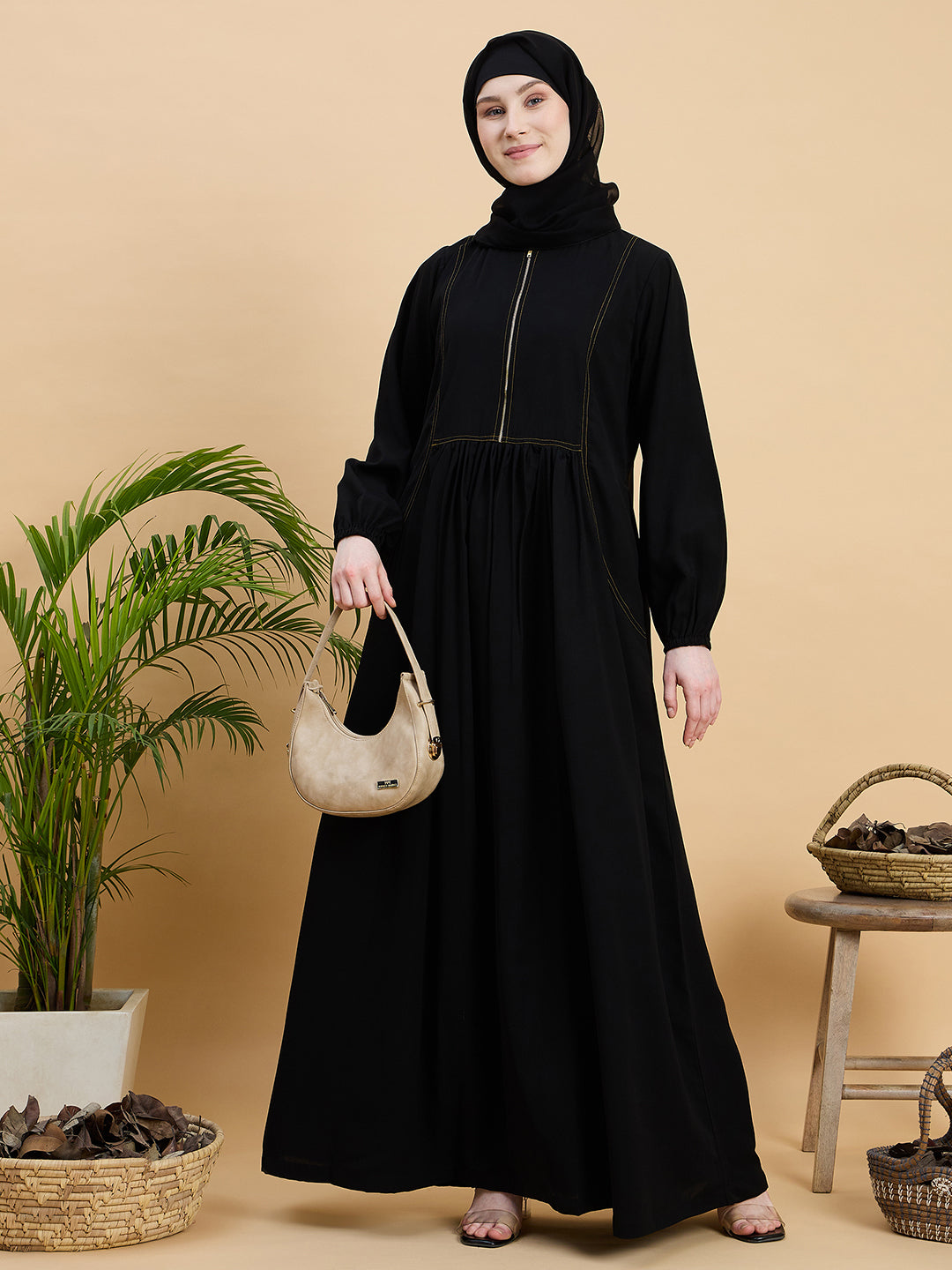 Black Solid Zip Abaya Burqa with Black Georgette Hijab
