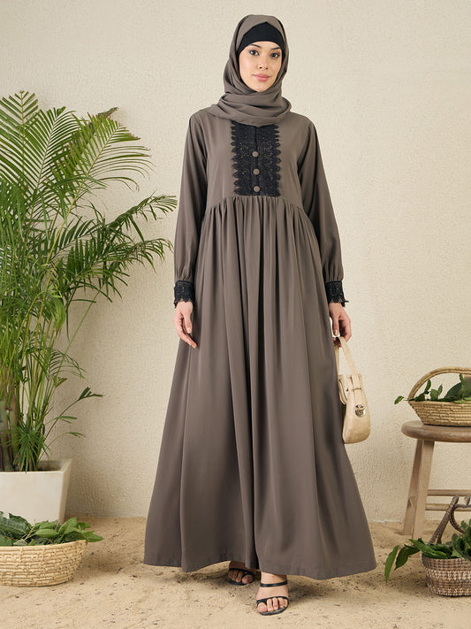 Nabia Grey Lace Work Women Abaya with matching hijab