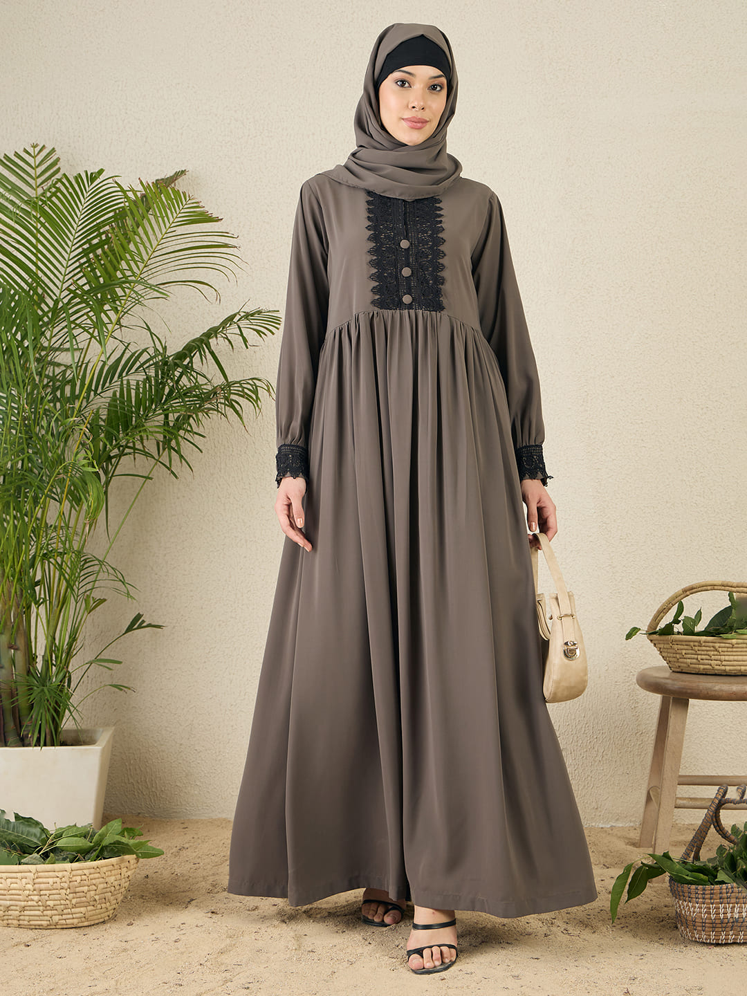 Nabia Grey Lace Work Women Abaya with matching hijab