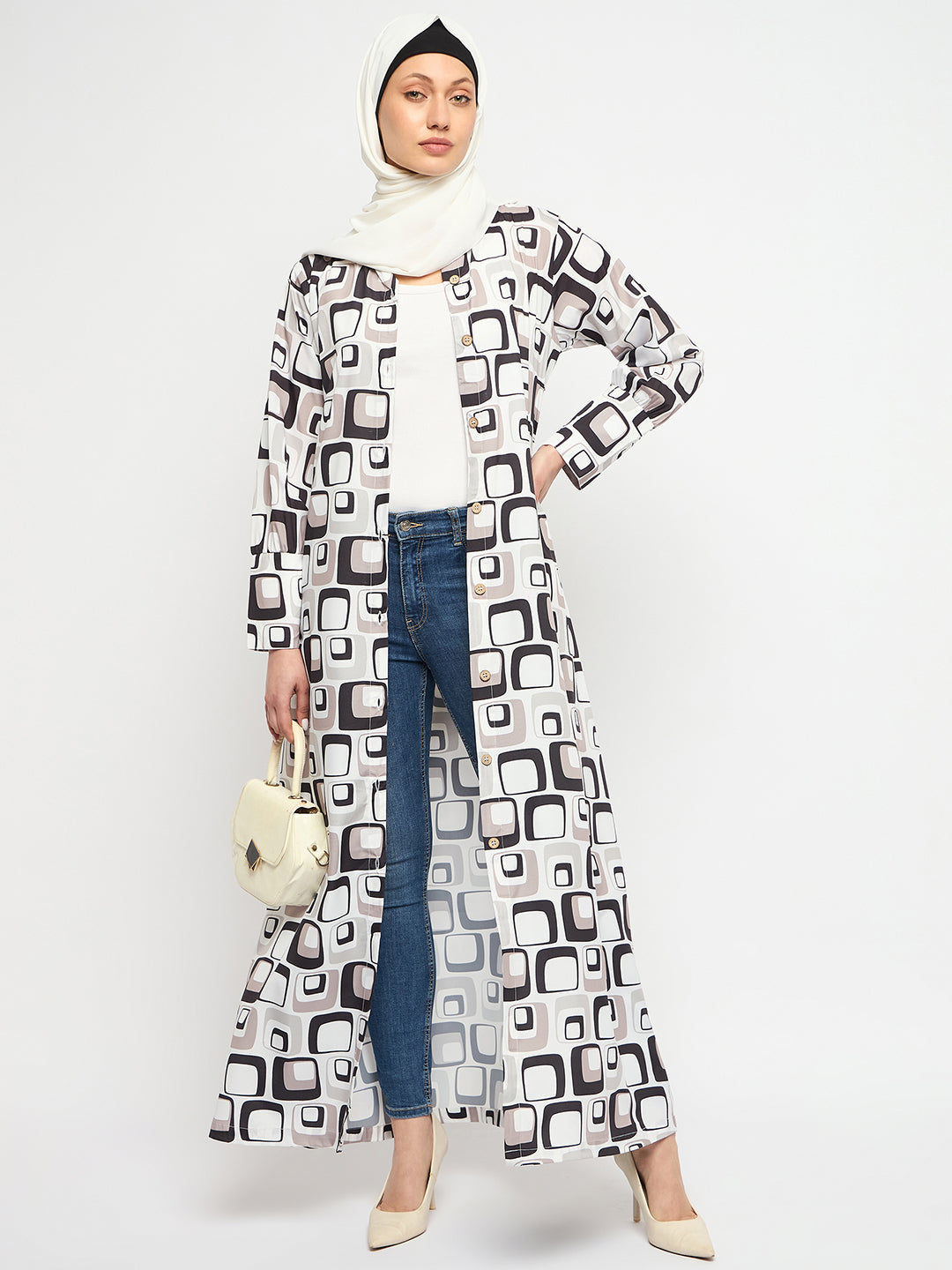 Multi-Colour Front Open Abaya with Black Georgette Scarf