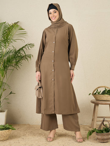 Nabia Oat (Khaki) Solid Co-ord Set for Women