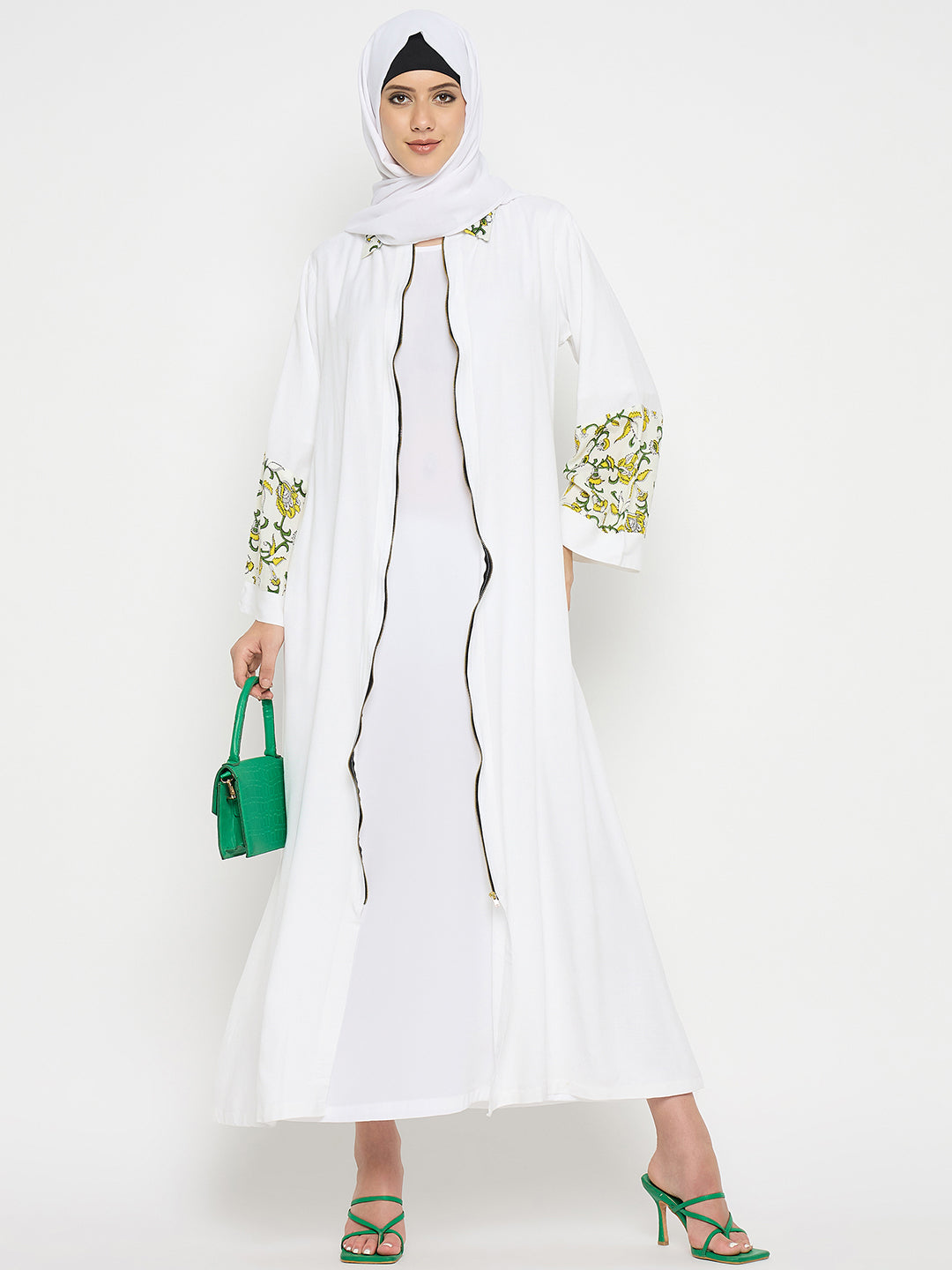 White Rayon Front Zip Closure Abaya Burqa with Black Hijab