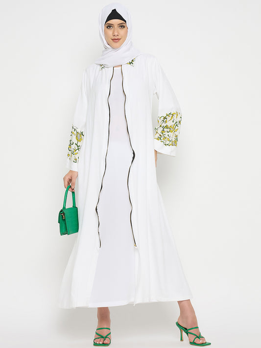 White Rayon Front Zip Closure Abaya Burqa with Black Hijab
